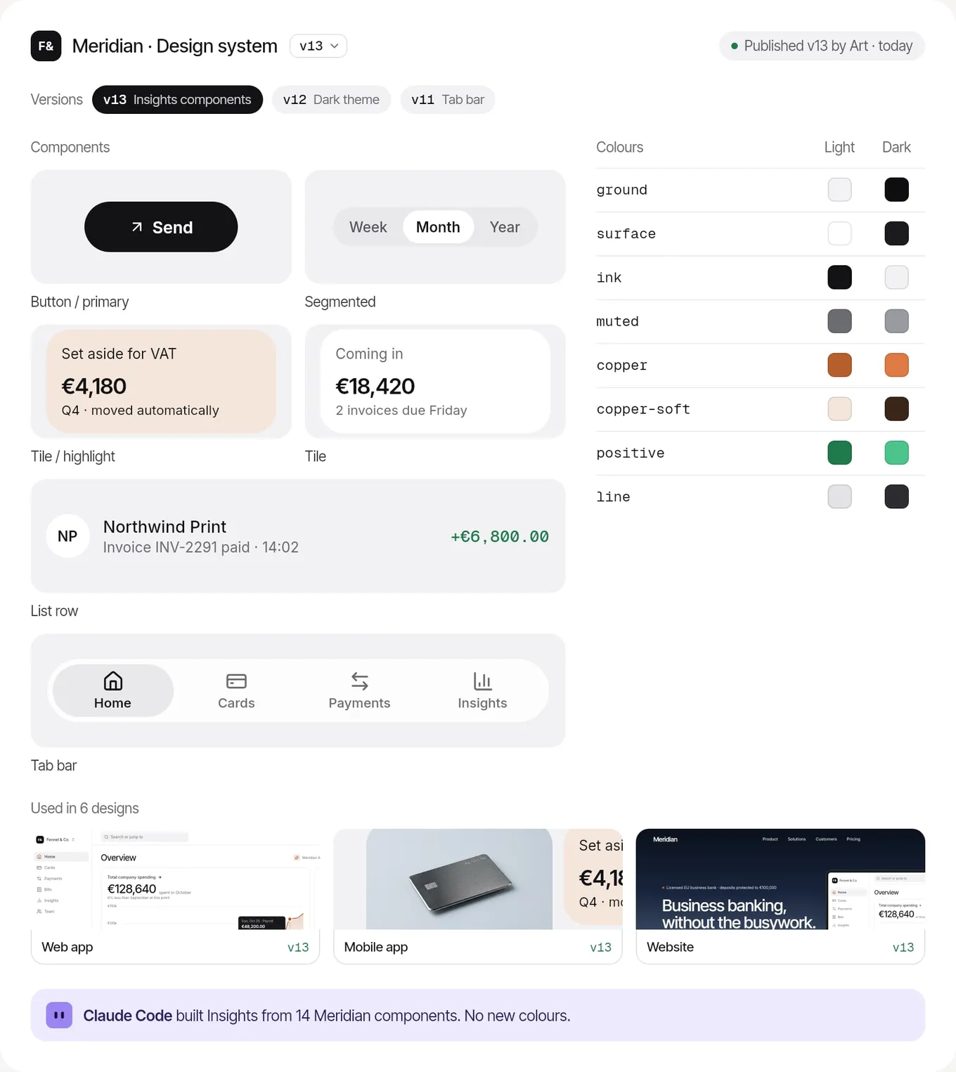 A design system in Repen: its versions, components and colours, and the designs that use it