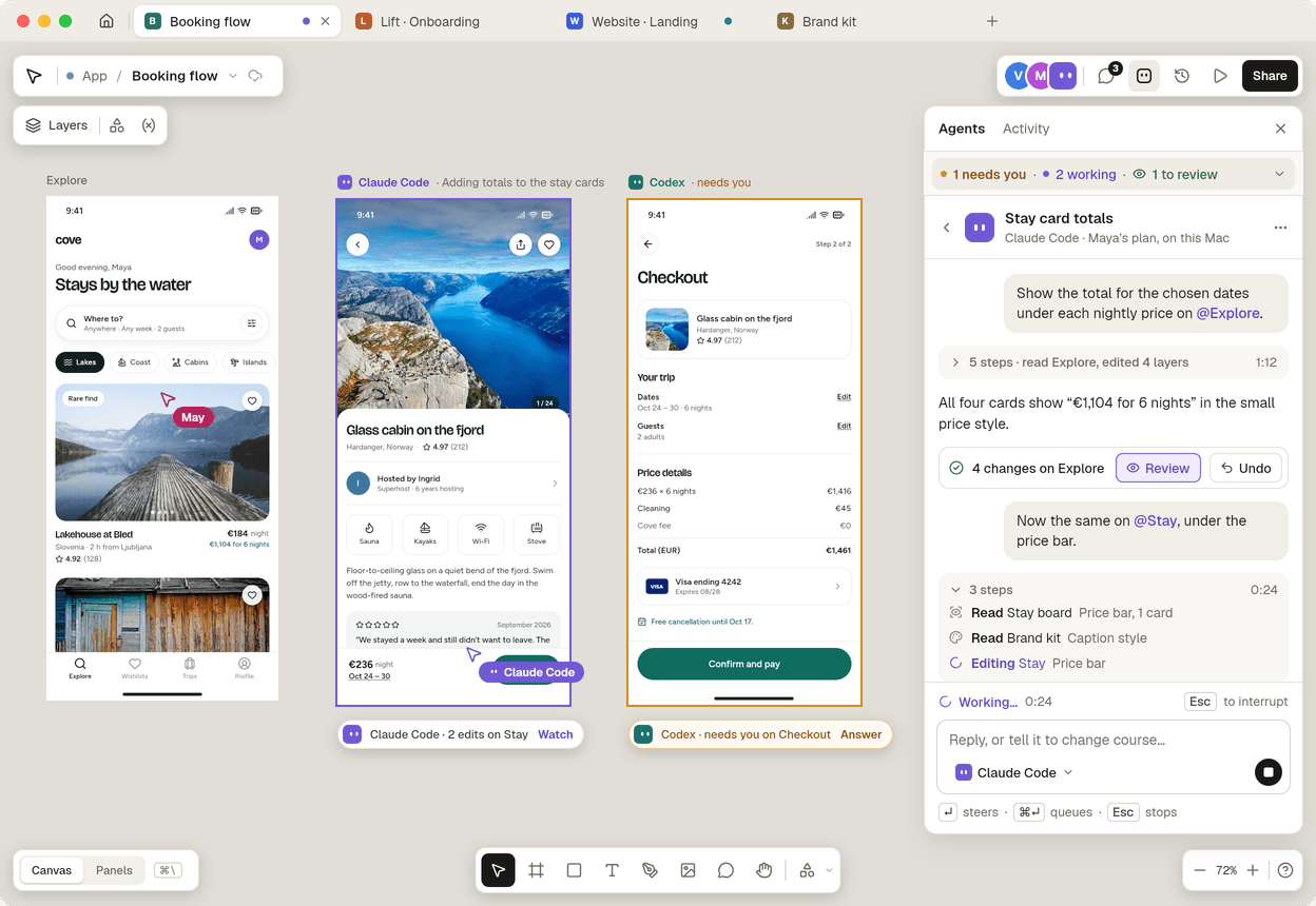 Repen for Mac with the Booking flow design open: Claude Code is adding totals to the stay cards on the Stay board, Codex needs an answer on Checkout, and the Agents panel shows Claude Code’s request, its steps, 4 changes to review or undo, and the next request it is working on.