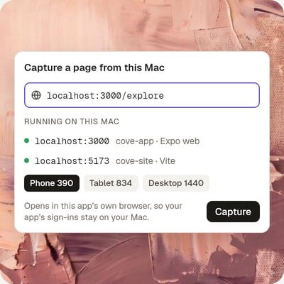 Capture a page from this Mac: localhost:3000/explore, two servers running on this Mac, the sizes Phone 390, Tablet 834 and Desktop 1440, and Capture.