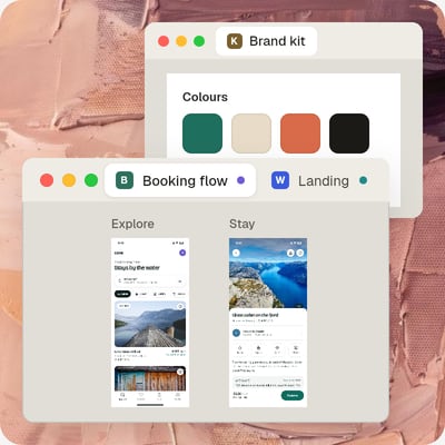 Two Repen windows: Brand kit with its colours behind, and in front Booking flow beside a Landing tab, with the Explore and Stay boards.