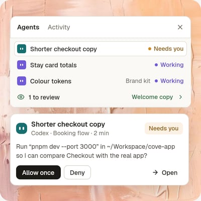 The Agents panel: Shorter checkout copy needs you, Stay card totals and Colour tokens are working, Welcome copy is ready to review; below it Codex asks to run “pnpm dev --port 3000” in the cove-app folder, with Allow once, Deny and Open.