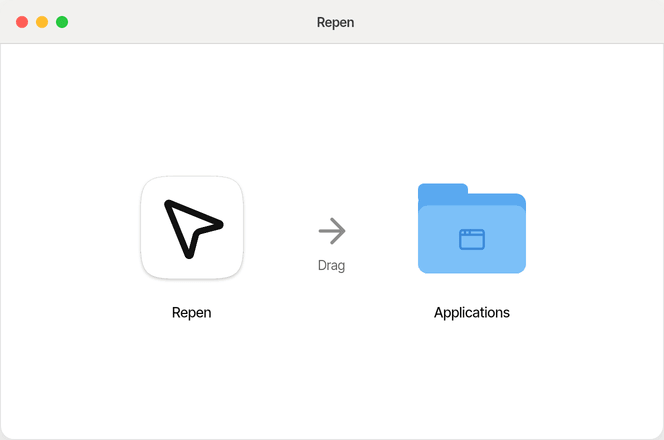 The Repen disk image’s window: the Repen app icon, an arrow saying Drag, and the Applications folder.