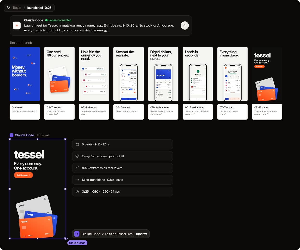The Tessel launch reel in Repen: Claude Code’s brief, the eight 9:16 frames with their scripts, and the finished reel it rendered, with what went into it.