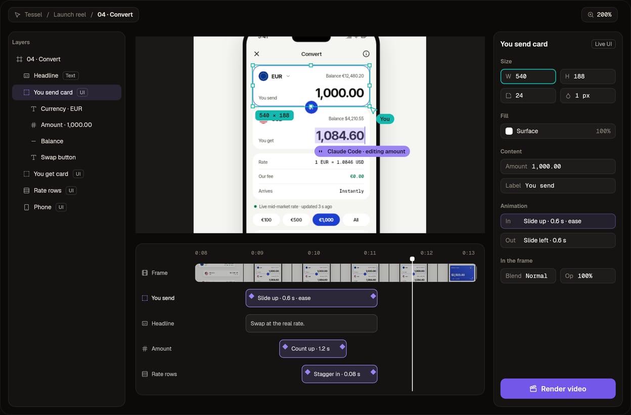 Zoomed in on 04 · Convert in the layer editor: the You send card is selected while Claude Code edits the You get amount, with the frame’s layers, its keyframe timeline, its properties and Render video.